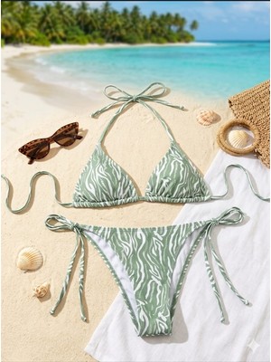 Mojo My Life Zebra Desenli Haki Beyaz Bikini Takımı