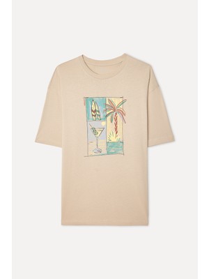 Mudo Erkek Bej Rengi Baskılı Oversize Bisiklet Yaka T-Shirt