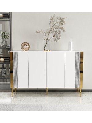 Morepp Dream 120 cm Konsol Tv Sehpası Çok Amaçlı Dolap Beyaz-Altın