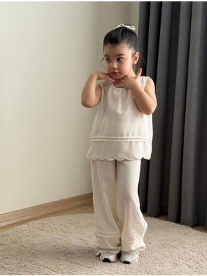 Butik Kız Çocuk Keten Pantolonlu 2'li Pamuklu Takım