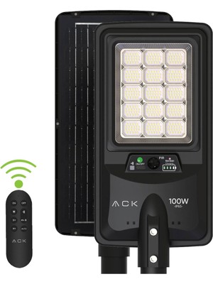 ACK 100W Solar Sokak Armatürü 6500K Beyaz Işık Güneş Enerjili AT42-09031 ABS Malzemeden Enerji Tasarruflu ve Hareket Algılamalı