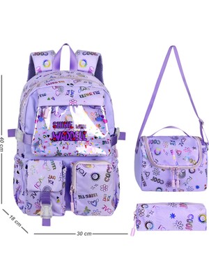 Canloor Waddell Kawaii Kore Tarzı Twil Kumaş Desenli Sırt Çantası,beslenme Çantası ve Kalemlikli Üçlü Set