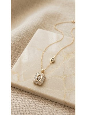 Lune Design Minimal Vintage Dikdörtgen Model Zirkon Taşlı Altın Kaplama Vıp Kadın Kolye