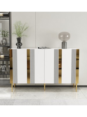 Morepp Forest 120 cm Konsol Tv Sehpası Çok Amaçlı Dolap Beyaz-Altın