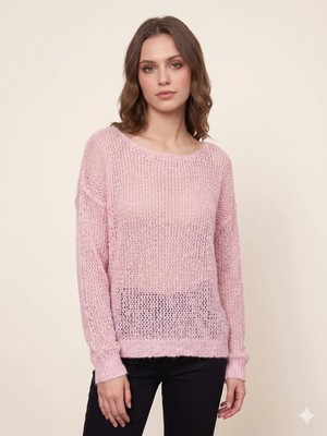 Sibel Günay Butik Kadın File Örme Dantel Ip Kayık Yaka Pembe Bluz - Standart Beden Bohem Triko Bluz