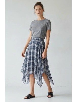 Sibel Günay Butik Kadın Ekose Desenli Asimetrik Kesim Şifon Etek - Bel Lastikli Astarlı Standart Beden