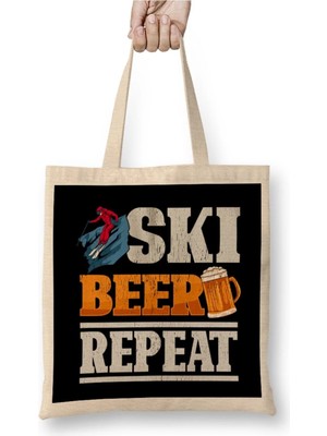 Dekado Funny Ski Beer Repeat Skiing & Skiers Bez Çanta Uzun Saplı