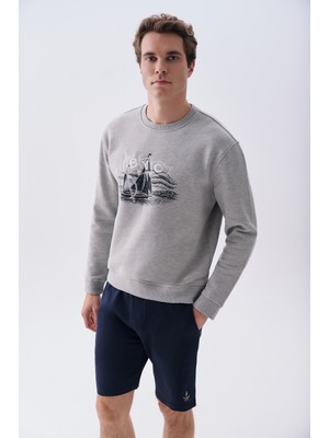 Mudo x Bozburun Yc Erkek Gri Melanj Baskılı Bisiklet Yaka Sweatshirt