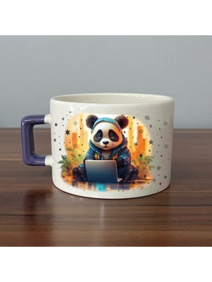 Mor Mürekkep Sad Üzgün Panda - Meslek: Yazılımcı Mor Kulplu Kare Meslek Hediyesi Bardak Kupa Fincan Mug