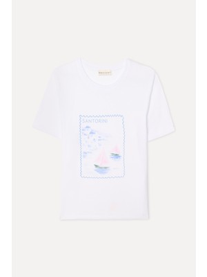 Mudo Kadın Beyaz Baskılı Bisiklet Yaka T-Shirt