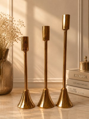 Hureggo Vintage  Minimalist Fransız Stil Gold Metal 3'lü Şamdan Seti - 22/25/28 cm
