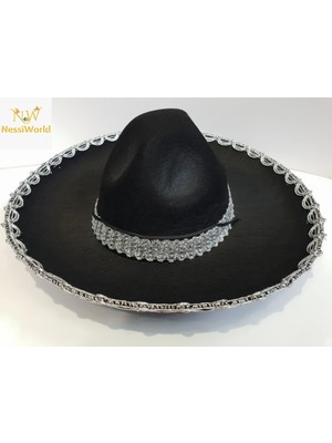 Luord-Store Gümüş Renk Şeritli Meksika Mariachi Latin Şapkası 55 cm Çocuk