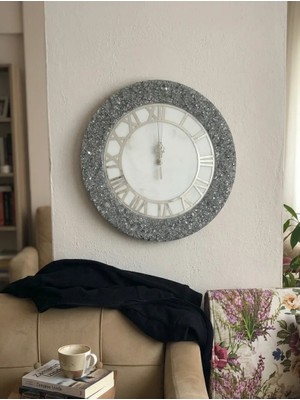 Duvarsaati -35CM- Modern Dekoratif Duvar Saati - El Yapımı Gümüş Taş Detaylı - Epoksi Duvar Saati