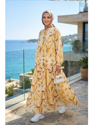 Harma Time Butik Kadın Düğmeli  Modal Kumaş Desenli Sarı Elbise