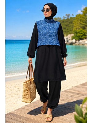 İmaj Butik Indigo Desenli Su Geçirmez Tesettür 3 Lü Mayo Takım