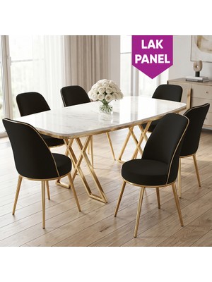 Canisa Peras Serisi 90X160 Lak Panel Beyaz Mermer Desen Gold Ayaklı Masa Takımı 6 Gri Sandalye