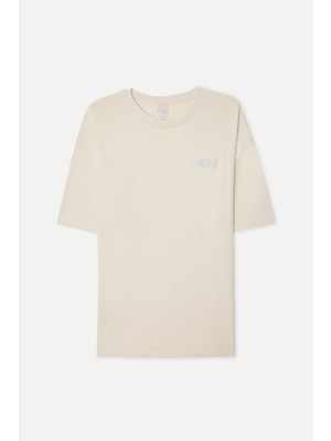 Mudo Erkek Taş Rengi Baskılı Oversize Bisiklet Yaka T-Shirt