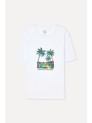 Mudo Erkek Beyaz Baskılı Comfort Fit Bisiklet Yaka T-Shirt