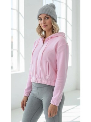 Luord-Store 3 Iplik Şardonlu Kapşonlu Fermuarlı Kısa Üst Pembe PAT8590