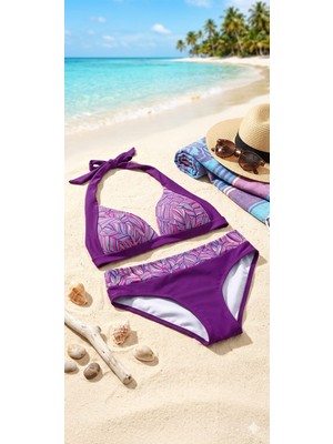 Mojo My Life Desenli Mor Üçgen Bikini Takımı