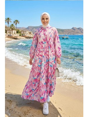 Harma Time Butik Kadın Düğmeli  Modal Kumaş Desenli Pembe Elbise