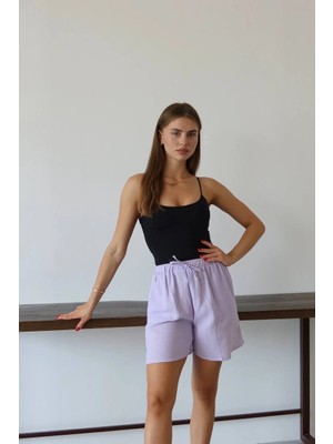 Luord-Store Müslin Kumaş Şort Bağcıklı Lila Pt