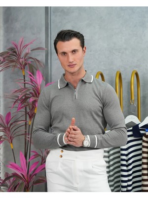 Modefendicom Pamuk Likra Slim Fit Yaka Çizgi Detaylı Fermuarlı Triko Kazak