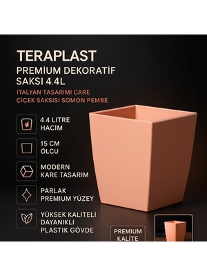 Teraplast Premium Dekoratif Saksı 4.4l - Italyan Tasarımı Kare Çiçek Saksısı Somon Pembe