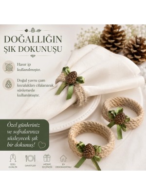 Fancyagnes El Yapımı Cilalı Yavru Kozalak Hasır Çuval İp Peçete Yüzüğü Halkası 6 Kişilik
