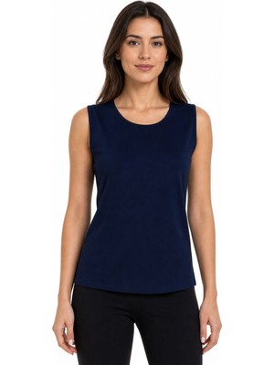 Desen Triko Kadın Sıfır Yaka Kolsuz Penye T-Shirt 26843 Lacivert