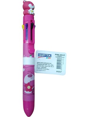 Gıpta Pınk Bear 8 Renkli Tükenmez Kalem - Çilekli ve Çiçekli Ayıcık Başlıklı ( 1 Adet )