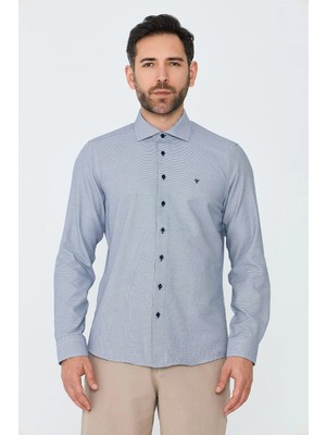 White Stone Lacivert Mikro Desenli Dynamic Fit Erkek Uzun Kollu Gömlek