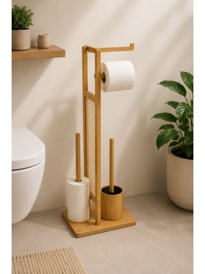 Morponi Ahşap Bambu Çok Amaçlı Tuvalet Kağıdı Askısı, Yedekli Stand ve Banyo Fırçalık Seti Dk