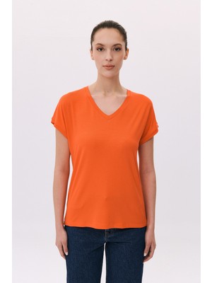 Daido Kadın V Yaka Kısa Kollu Penye T-Shirt 6201 Nar Çiçeği
