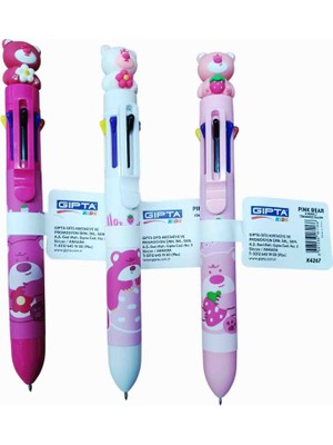 Gıpta Pınk Bear 8 Renkli Tükenmez Kalem - Çilekli ve Çiçekli Ayıcık Başlıklı ( 3 Adet )