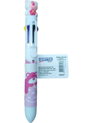 Gıpta Pınk Bear 8 Renkli Tükenmez Kalem - Çilekli ve Çiçekli Ayıcık Başlıklı ( 1 Adet )