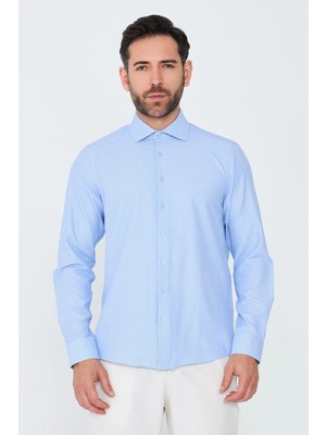 White Stone Mavi Mikro Desenli Dynamic Fit Erkek Uzun Kollu Gömlek