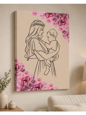 Anne Bebek Kanvas Tablo Çiçek Detaylı Minimal Tasarım Dekoratif Duvar Tablosu
