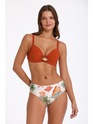Argento 1292-3037 Tropikal Desenli Gold Tokalı Balenli Boş Kap Bikini Takım