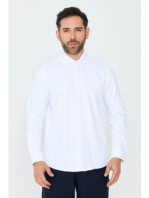 White Stone Beyaz Mikro Çizgili Dynamic Fit Erkek Uzun Kollu Gömlek