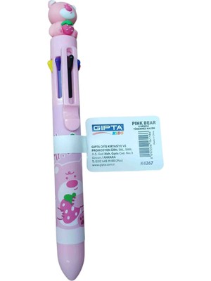 Gıpta Pınk Bear 8 Renkli Tükenmez Kalem - Çilekli ve Çiçekli Ayıcık Başlıklı ( 1 Adet )