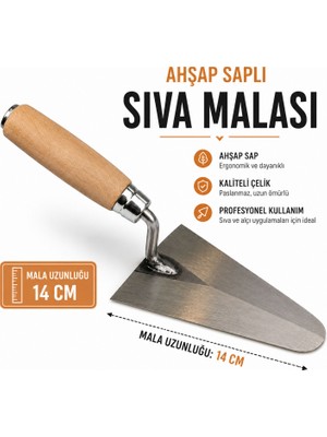 Badem10 Sıva Malası Ahşap Saplı 14 cm Profesyonel Duvar Alçı Sıva Uygulama Malası Dayanıklı Çelik Yüzey