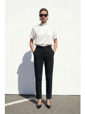 Sateen Beli Lastikli Klasik Pantolon - Siyah