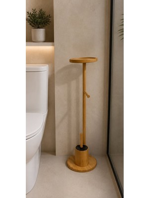 Morponi Ahşap Bambu Çok Amaçlı Tuvalet Kağıdı Askısı, Yedekli Stand ve Banyo Fırçalık Seti Yuvarlak