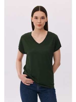 Daido Kadın V Yaka Kısa Kollu Penye T-Shirt 6201 Haki