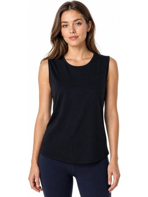 Desen Triko Kadın Sıfır Yaka Kolsuz Penye T-Shirt 26843 Siyah