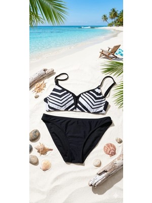 Mojo My Life Çizgili Siyah Beyaz Bikini Takımı