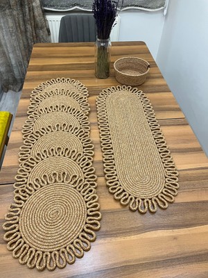 Senza Atelier 8 Parça Jüt Supla Seti - Oval Runner ve Ekmek Sepeti Dahil Hasır Sofra Takımı