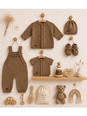 Handmade El Örgüsü 5’li Bebek Seti Kahverengi Hırka Tulum Şapka Patik Yelek Takımı 6-12 Ay