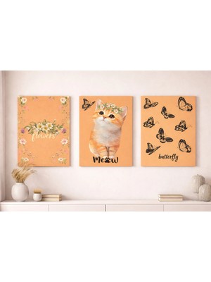 3’lü Kanvas Tablo Seti_ Flowers/meow/butterfly Modern Duvar Dekoru